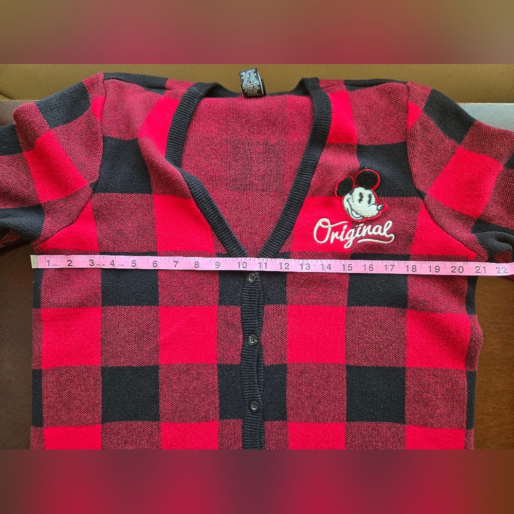 Disney Parks Mickey Mouse Buffalo Plaid Cardigan Sweater - Red & Black - Size L - Picture 7 of 11